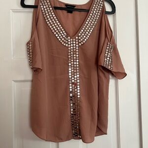 #50 MODA INTERNATIONAL • TAN/MAUVE COLD SHOULDER TOP • MIRROR EMBELLISHMENT